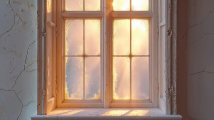 Warm sunlight streams through a frosty windowpane in a dilapidated building, casting a soft glow on the aged walls. The scene is peaceful and serene, capturing the beauty of nature's light.