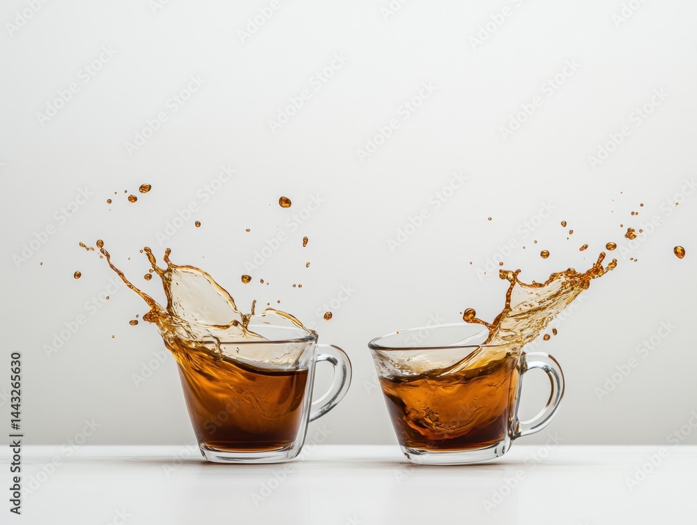 Poster two glass cups with splashing brown liquid on a white surface creating dynamic movement and energy i