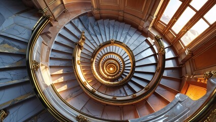 Fototapeta premium Elegant spiral staircase with marble steps and gold accents. Sunlight streams in from above, illuminating the intricate details.