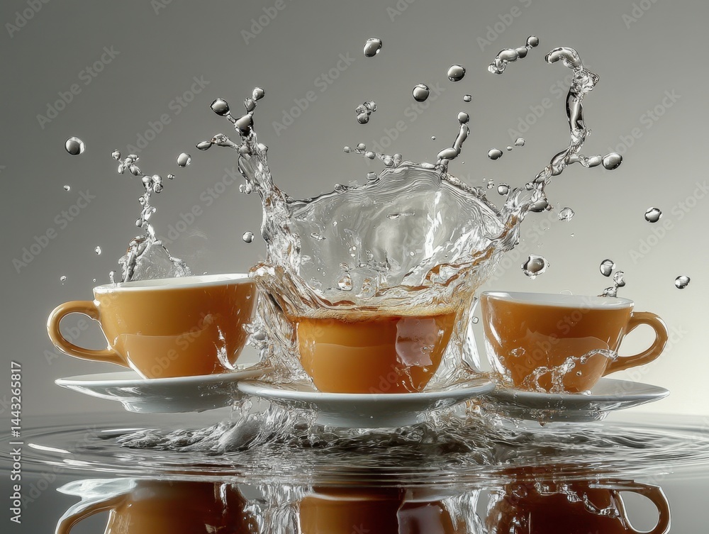 Poster captivating studio shot of three coffee cups in a dynamic water splash with a reflective surface cre