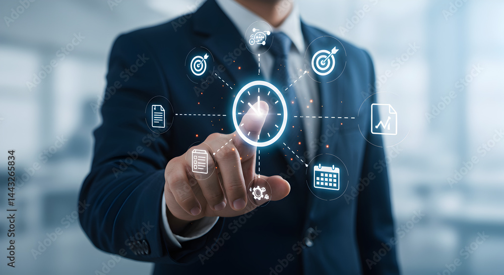Aufkleber man in blue suit touching digital interface with floating business icons against blurred background