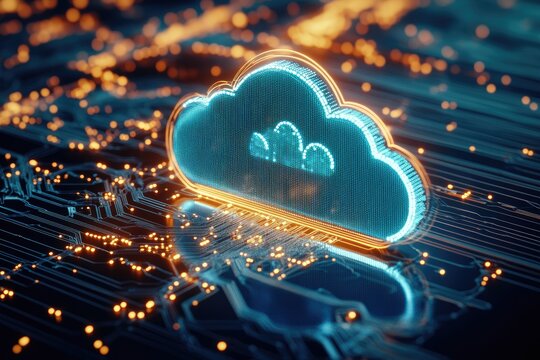 Glowing cloud icon on circuit board  Cloud computing technology, futuristic