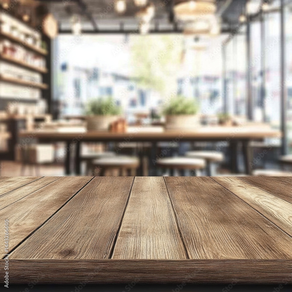 Poster rustic wooden table surface with blurred cafe background showcasing warm ambiance and inviting atmos