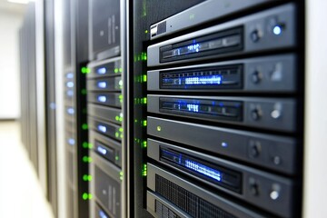 Obraz premium Close-up view of server racks in a data center, showcasing rows of computer equipment with illuminated panels and indicators