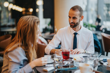 Two colleagues engaging in a conversation while enjoying refreshments at a cafe. The casual yet...