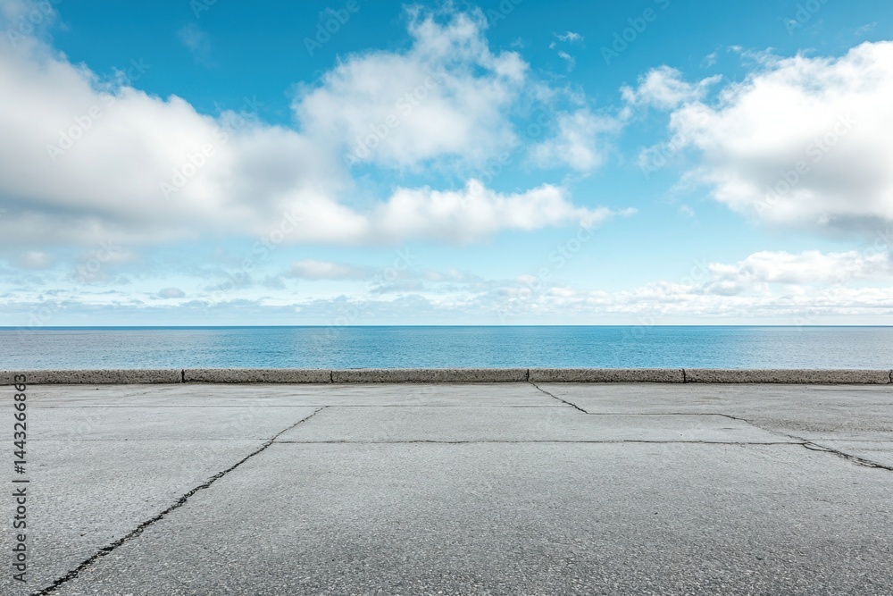 Poster serene ocean view with fluffy clouds and a clear blue sky from a concrete platform creating a tranqu