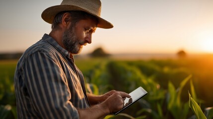 At dusk, a dedicated agronomist farmer stands in vibrant green fields, engaged with a digital tablet. His focus reflects the dedication to modern farming and sustainability