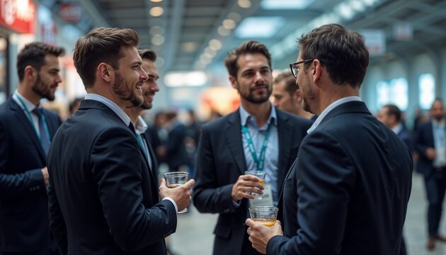 Businessmen networking at corporate event, engaging in conversation with drinks in hand