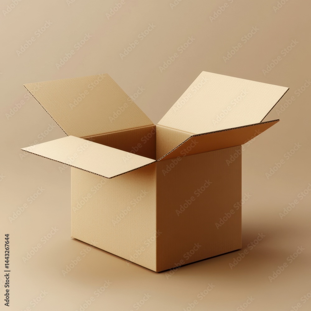 Poster open cardboard box on a beige background showcasing a simple packaging solution for shipping and sto