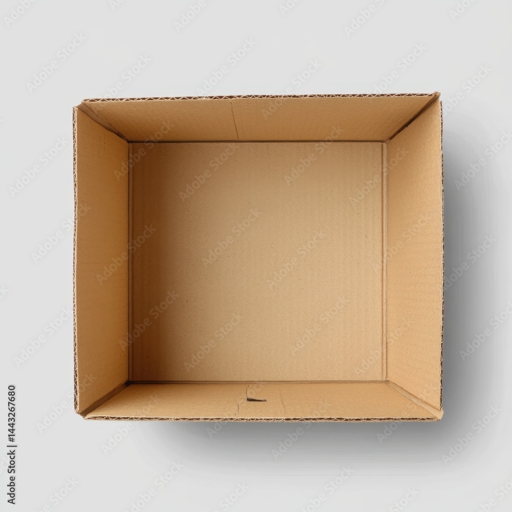 Poster open cardboard box on a neutral background from above with soft shadows showcasing the texture and d