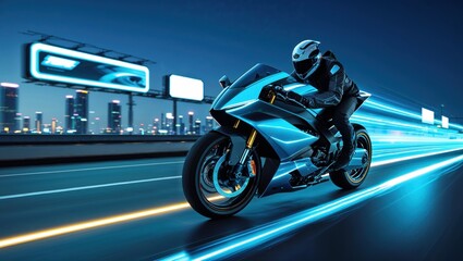 A motorcyclist speeds through a futuristic city at night, streaks of light painting the scene in vibrant blues and leaving a trail in their wake.