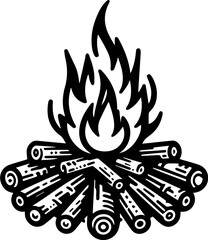 Campfire Icon with Burning Logs and Flame in Monochrome Style