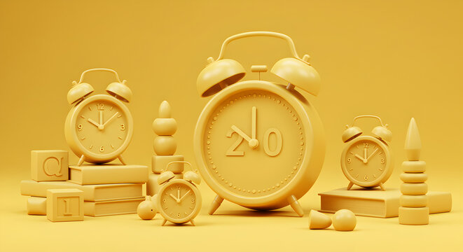 Monochrome Yellow Still Life Featuring Vintage Clocks and Geometric Toy Blocks Arrangement