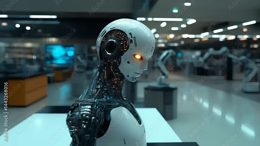 Poster Advanced Humanoid Robot in Modern Laboratory with Robotic Arms in the Background

