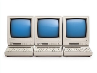 Vintage Computers with Blue Screens in a Row on White Background