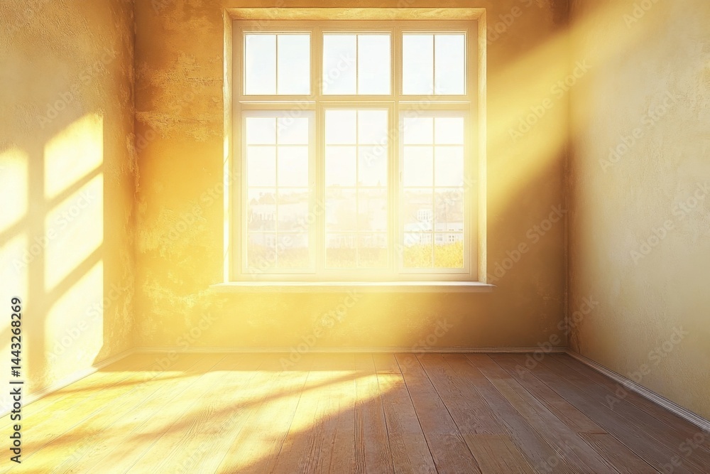 Poster bright sunlight streams through window illuminating empty room with wooden floor and textured walls 