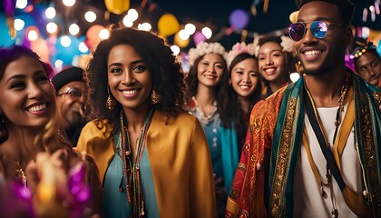 Diverse group of people smiling and celebrating at an outdoor festival with festive lighting at night