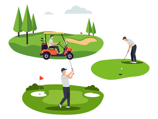 Three golf scenes: a golfer driving a cart, another swinging a club on the fairway, and one putting on the green. Golf course with trees, sand bunker, and flags. Vector illustration.
