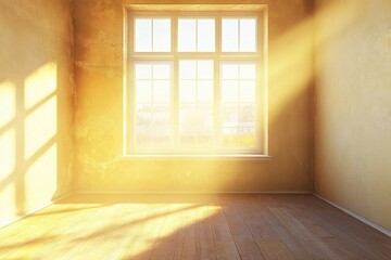 Fototapeta premium Bright sunlight streams through window illuminating empty room with wooden floor and textured walls creating warm inviting interior space for new beginnings and possibilities