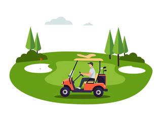 Golfer driving an orange golf cart on a lush green course. Features a hole with a red flag, sand bunkers, trees, and clouds. Vector illustration of a relaxing golf scene.