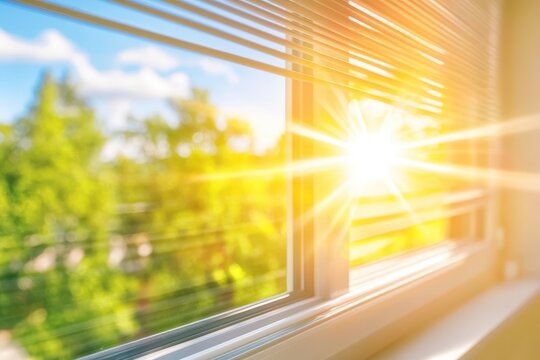 Fototapeta Sunlight streams through a window with blinds