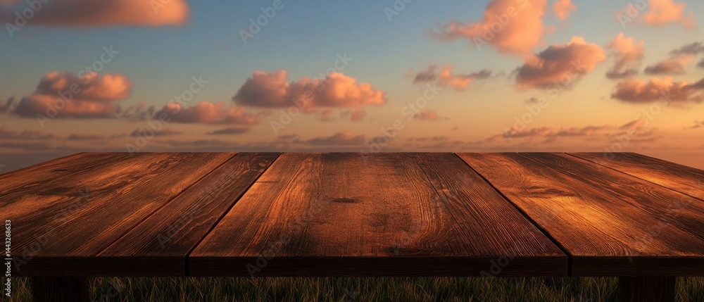 Poster rustic wooden table against a peaceful sunset sky with soft clouds and warm light creating a serene 