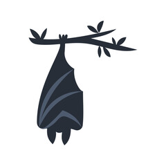 Large bat hanging upside down from tree branch