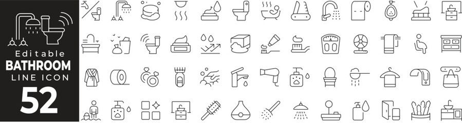 Bathroom Interior Thin Line Icon Set. Bathroom Fixtures, Design, Decor, Plumbing, and More. Vector Illustration.