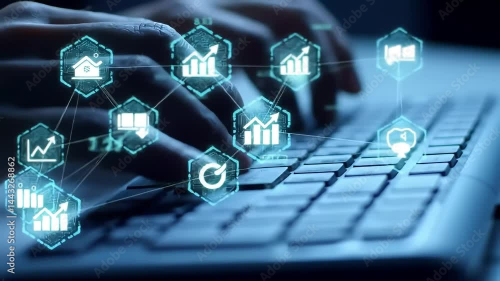 Aufkleber futuristic data analysis hands typing on keyboard with glowing icons overlay