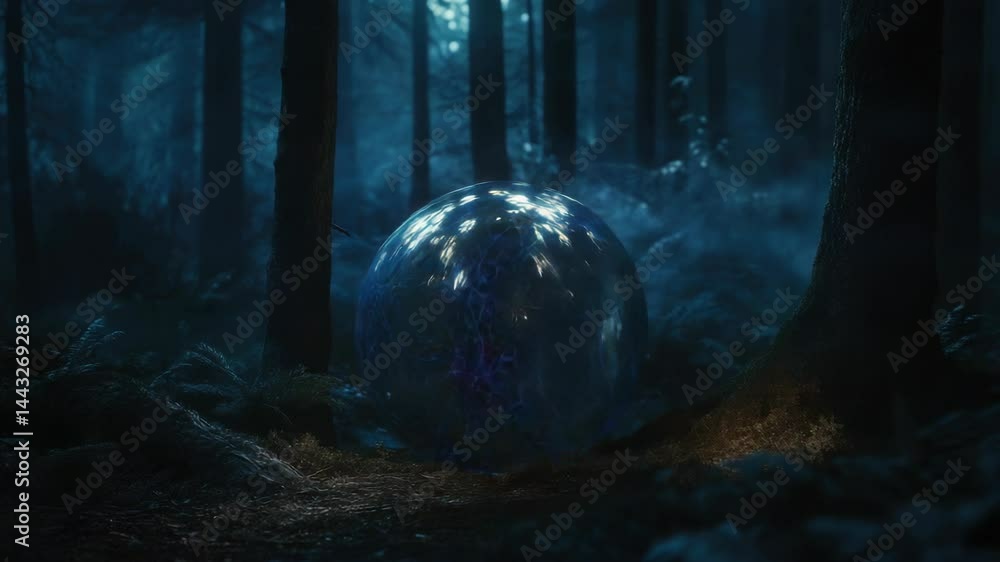 Poster a mystical glowing orb is situated amidst the trees of a dense forest, emitting a warm and inviting 