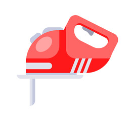 Red electric jigsaw cutting wood plank, flat design illustration