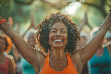 A diverse group of fitness enthusiasts, including seniors, engaging in a pre workout stretching routine amidst serene beauty of an outdoor park or nature, fostering a sense of camaraderie and promotin