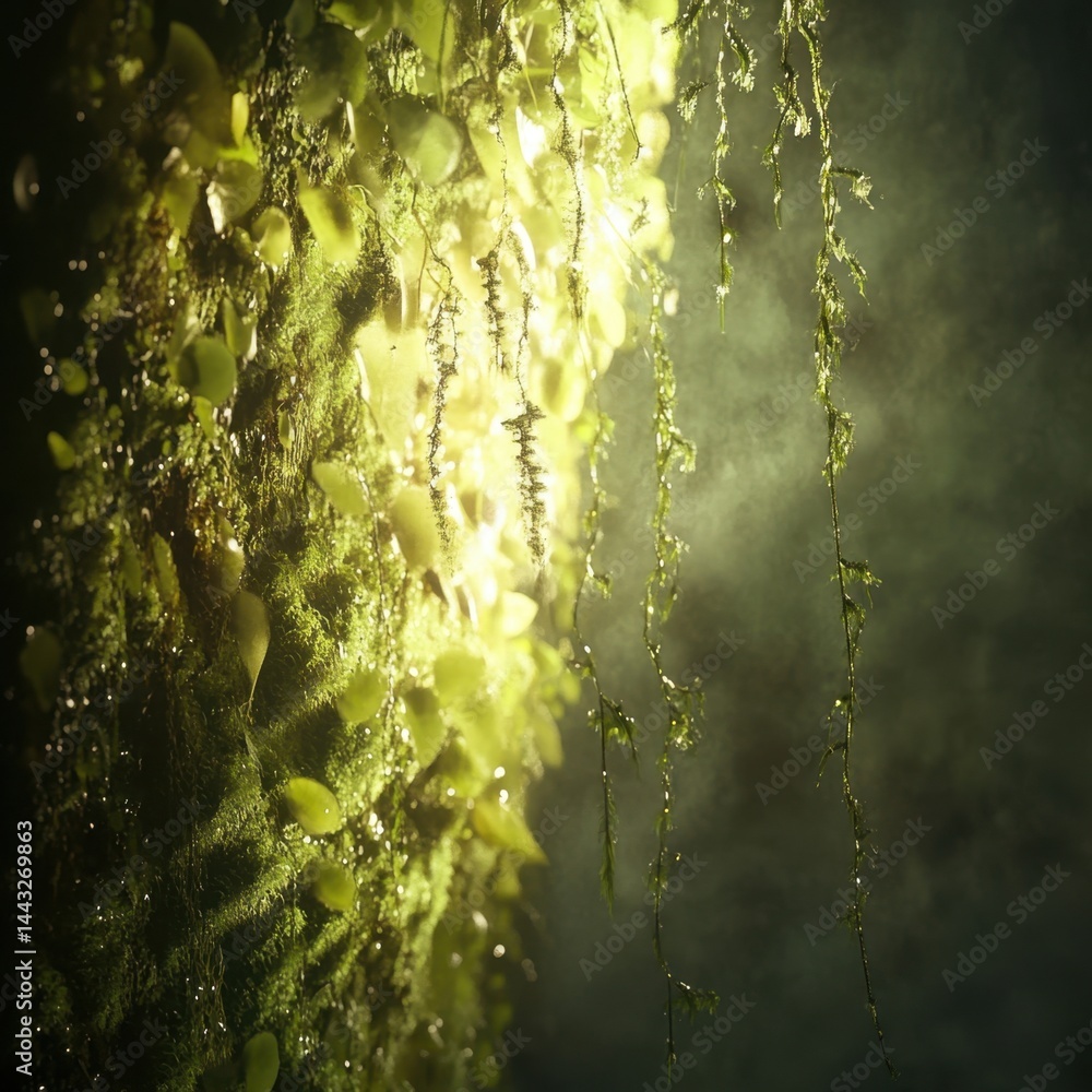 Poster enchanting sunlit mossy wall with trailing vines in a lush forest setting, creating a mystical and s