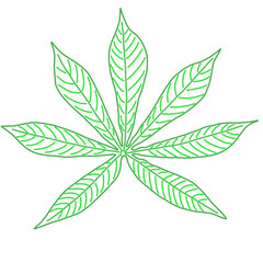A vector illustration of a green cassava leaf with seven pointed lobes, shown on a white background