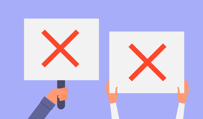 Fototapeta premium Man and woman hands holding a board with prohibition red sign. Protest or conflict concept. Poster or banner for worker strikes or societal disagreements. Flat style stock vector illustration.