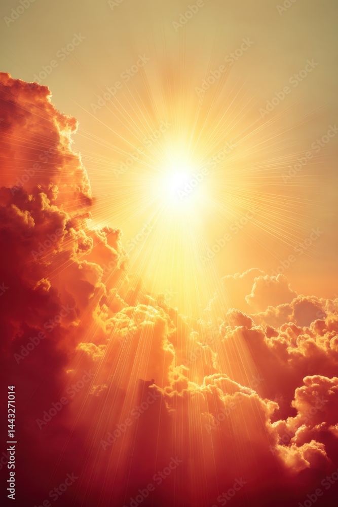 Poster radiant celestial sky with golden sunbeams piercing through fluffy clouds creating a divine and ethe