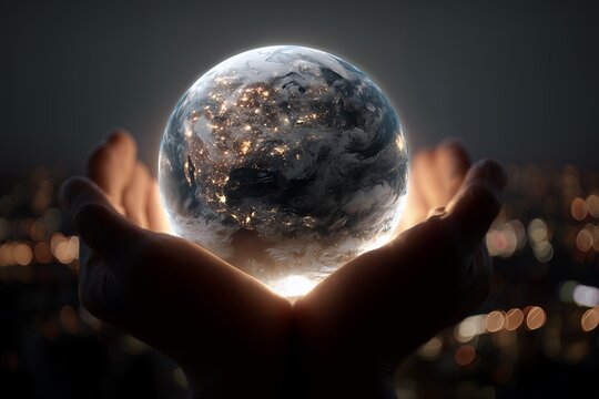 Close-up of hands gently cradling a glowing Earth globe, city lights blurred in the background, concept for environmental protection, global responsibility, and world peace campaigns
