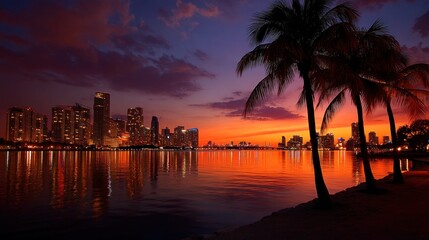 City skyline at sunset over a body of water, with palm trees on the shore