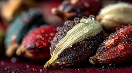 Close up of colorful cardamom pods with water droplets macro photography