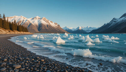 Cold Water Beach with Floating Ice and Mountain View A chilly coastal scene with a pebble-covered beach and floating ice chunks drifting in turquoise water