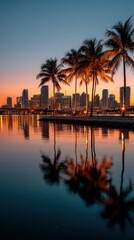 City skyline at sunset reflected in calm water, palm trees line the shore