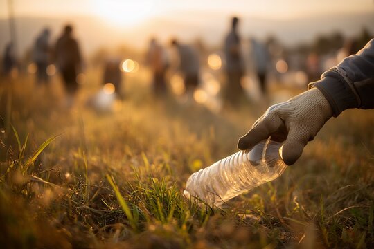Gloved hand picking up plastic bottle in grassy field at sunset, concept for environmental awareness campaign and recycling initiatives