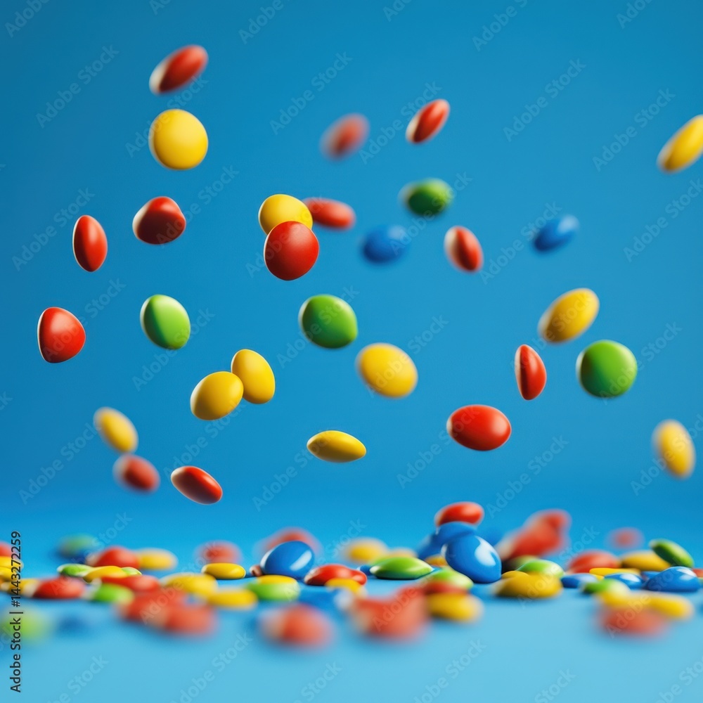 Poster colorful candy coated chocolates falling onto a blue surface creating a vibrant and playful scene wi
