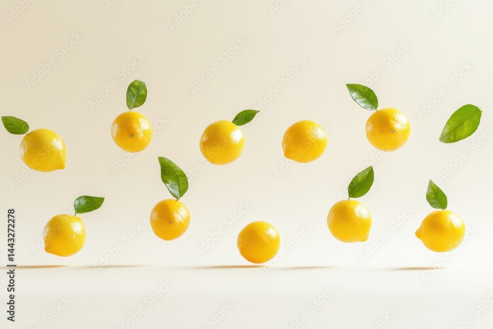 Poster vibrant lemons with green leaves floating in airy studio shot against a soft background creating a f