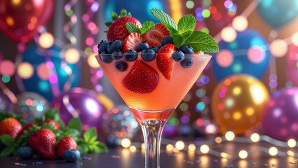 Pink cocktail garnished with fresh strawberries, blueberries, and mint. Perfect for a celebratory occasion.