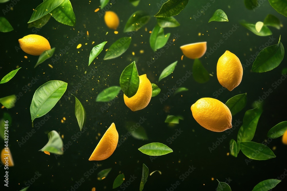 Poster vibrant lemons and fresh green leaves dance in a dynamic composition against a dark backdrop creatin