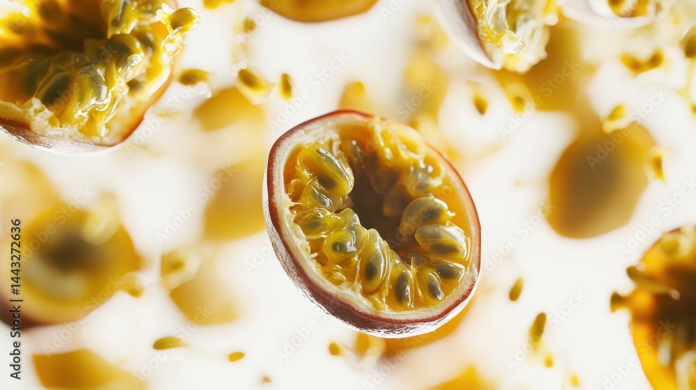Poster passion fruit halves floating against a bright white background creating a vibrant and refreshing vi