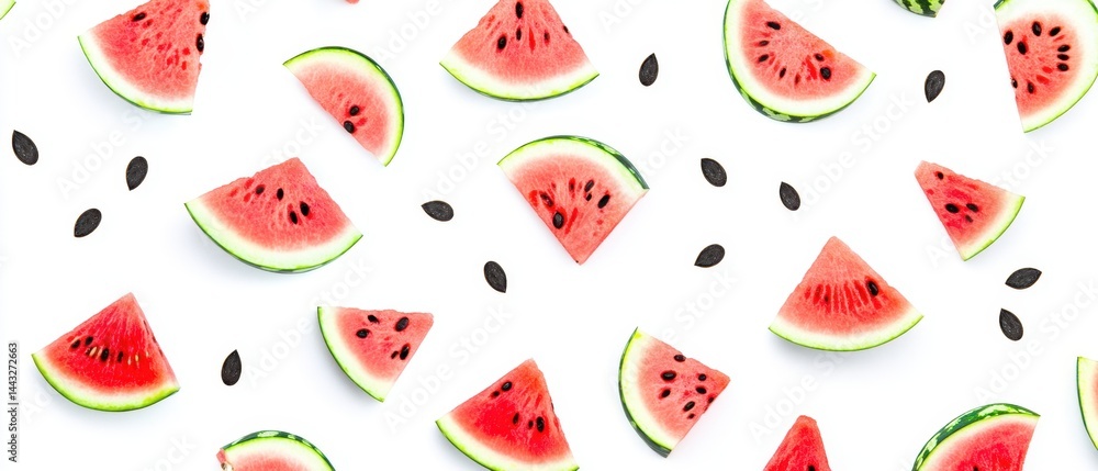 Poster delightful watermelon slices scattered on a clean white surface creating a vibrant summer pattern pe