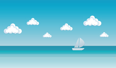 Minimalist paper art depicting a sailboat navigating a tranquil ocean under a bright blue sky with fluffy clouds