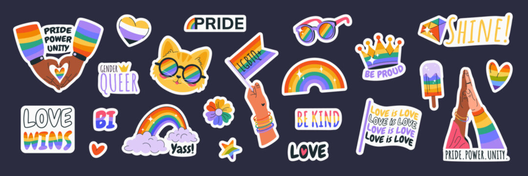 Happy Pride Month. LGBTIA stickers set. Isolated badges with signs, symbols, phrases, inclusive pride flags, cat, rainbow, hands, crown, hearts. Isolated elements on dark background. Vector clipart